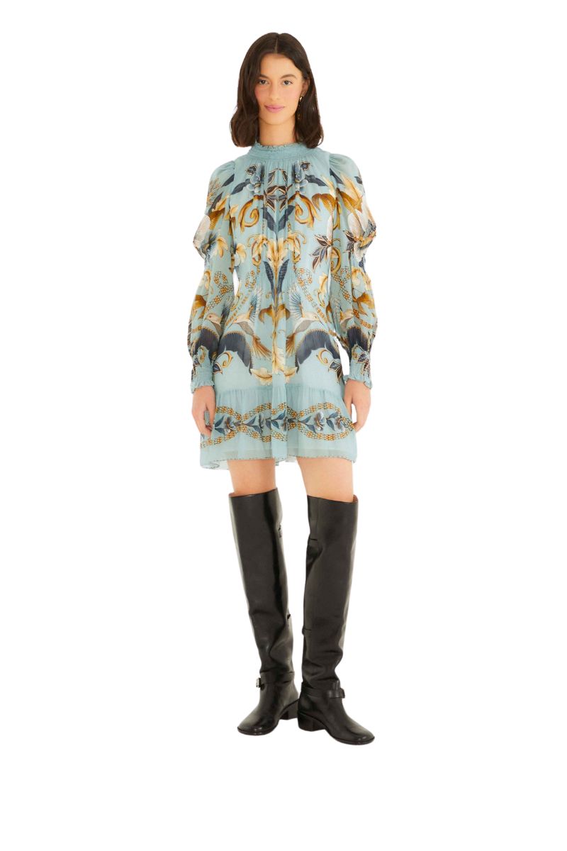 Snake Garden Blue Long Sleeve Mini Dress