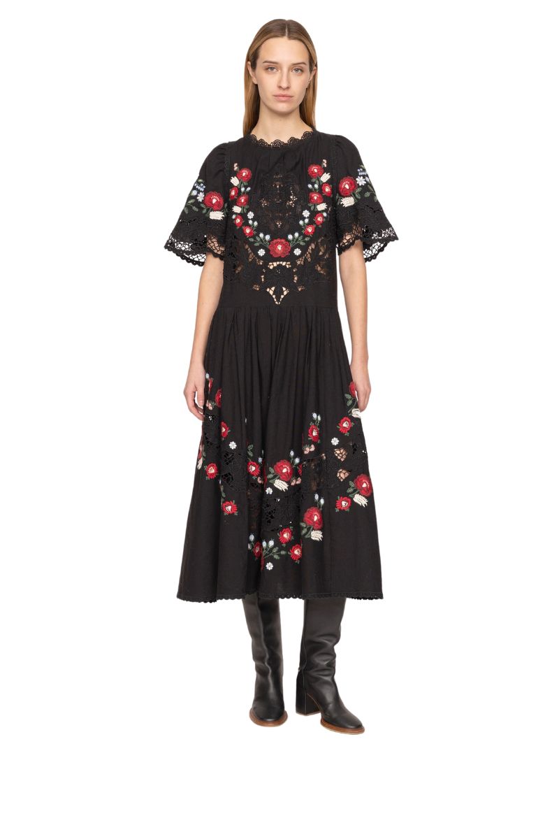 Rosaline Embroidery Short Sleeve Midi Dress