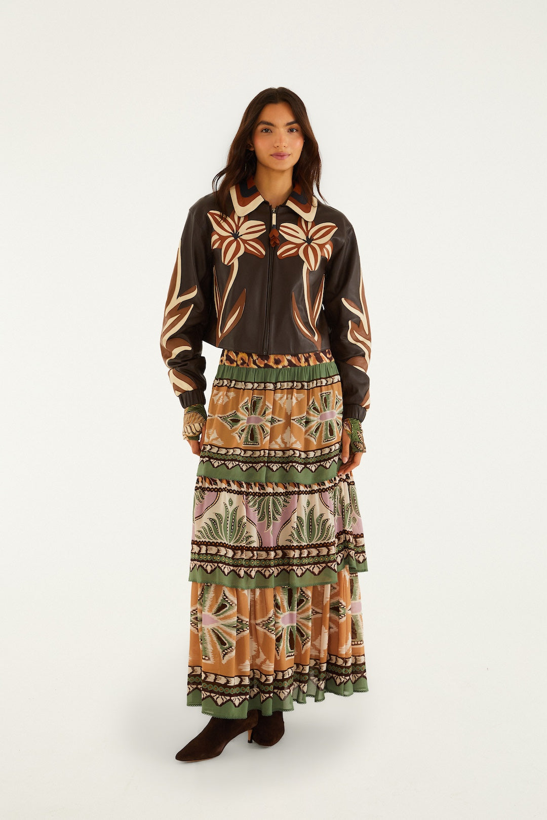 FLOWER CUTWORK BROWN LEATHER JACKET