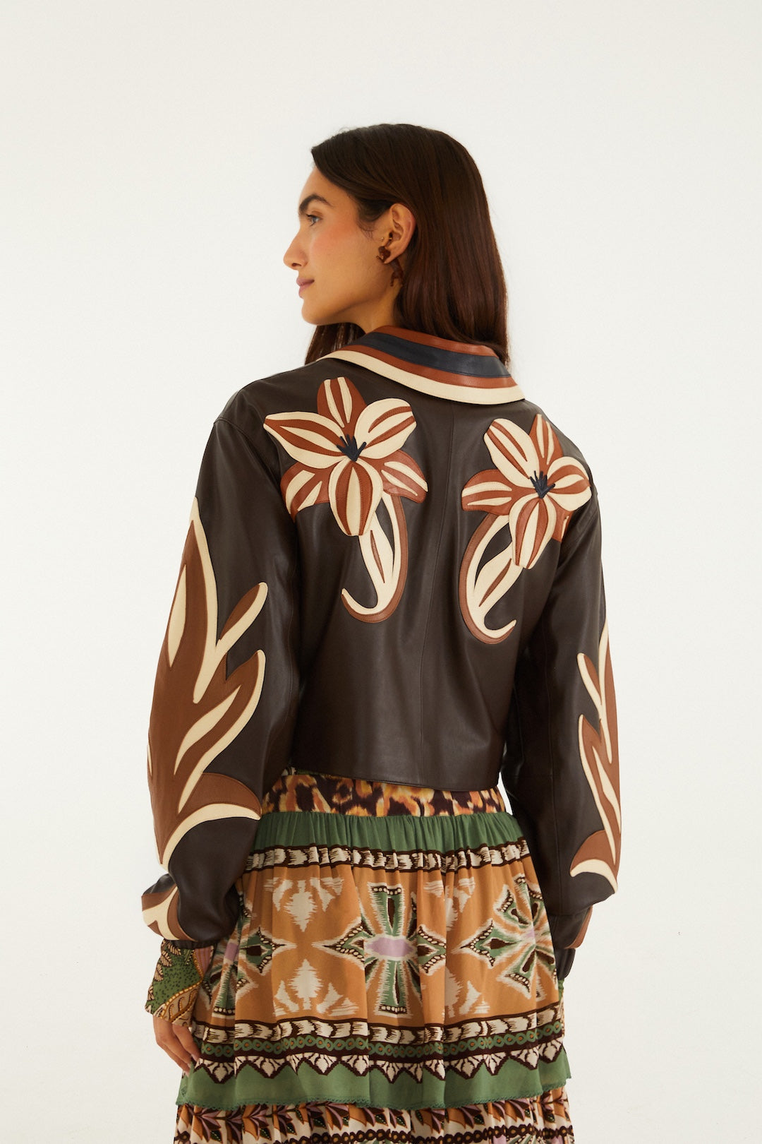 FLOWER CUTWORK BROWN LEATHER JACKET
