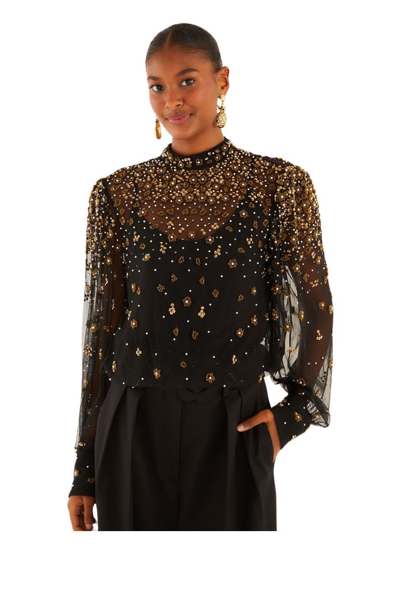 Embroidered Bubble Tulle Black Blouse