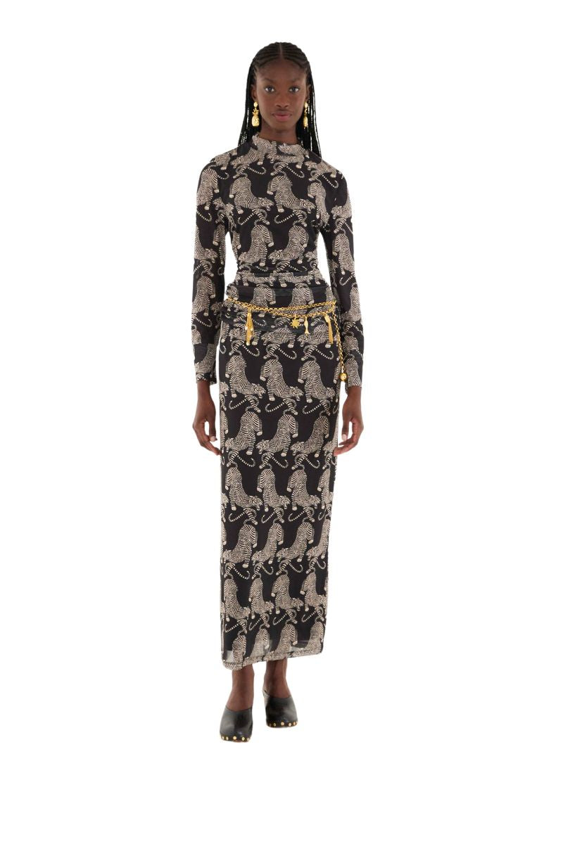 Striped Tigers Black Tulle Midi Skirt