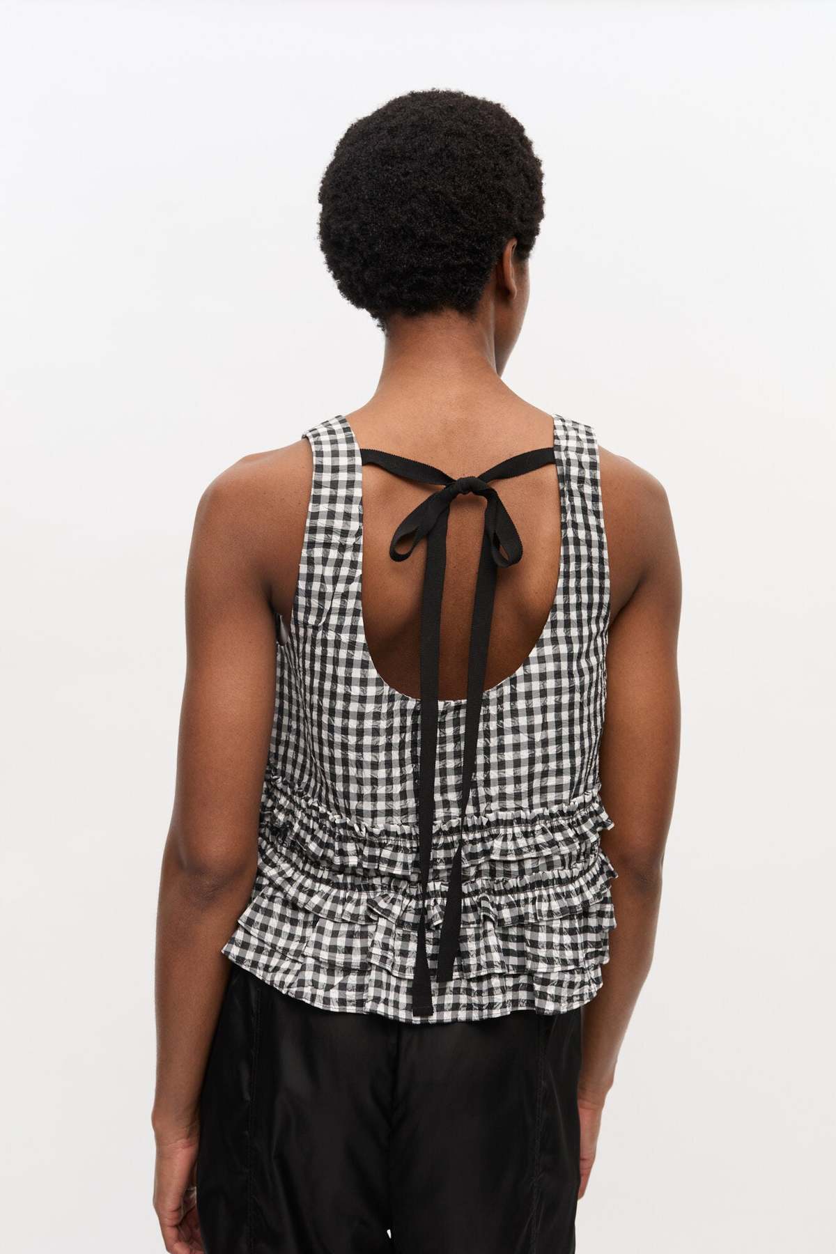 Crinkled Taffeta Check Open Back Frilled Top