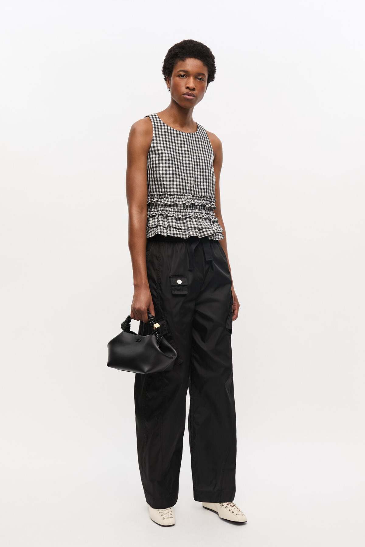 Crinkled Taffeta Check Open Back Frilled Top