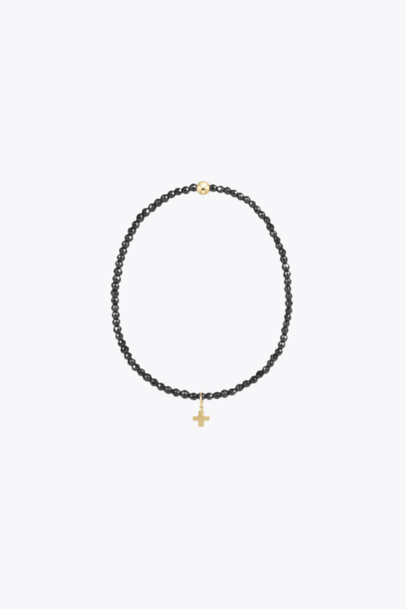 Faceted Hematite 2mm Bead Bracelet - Signature Cross Gold Charm