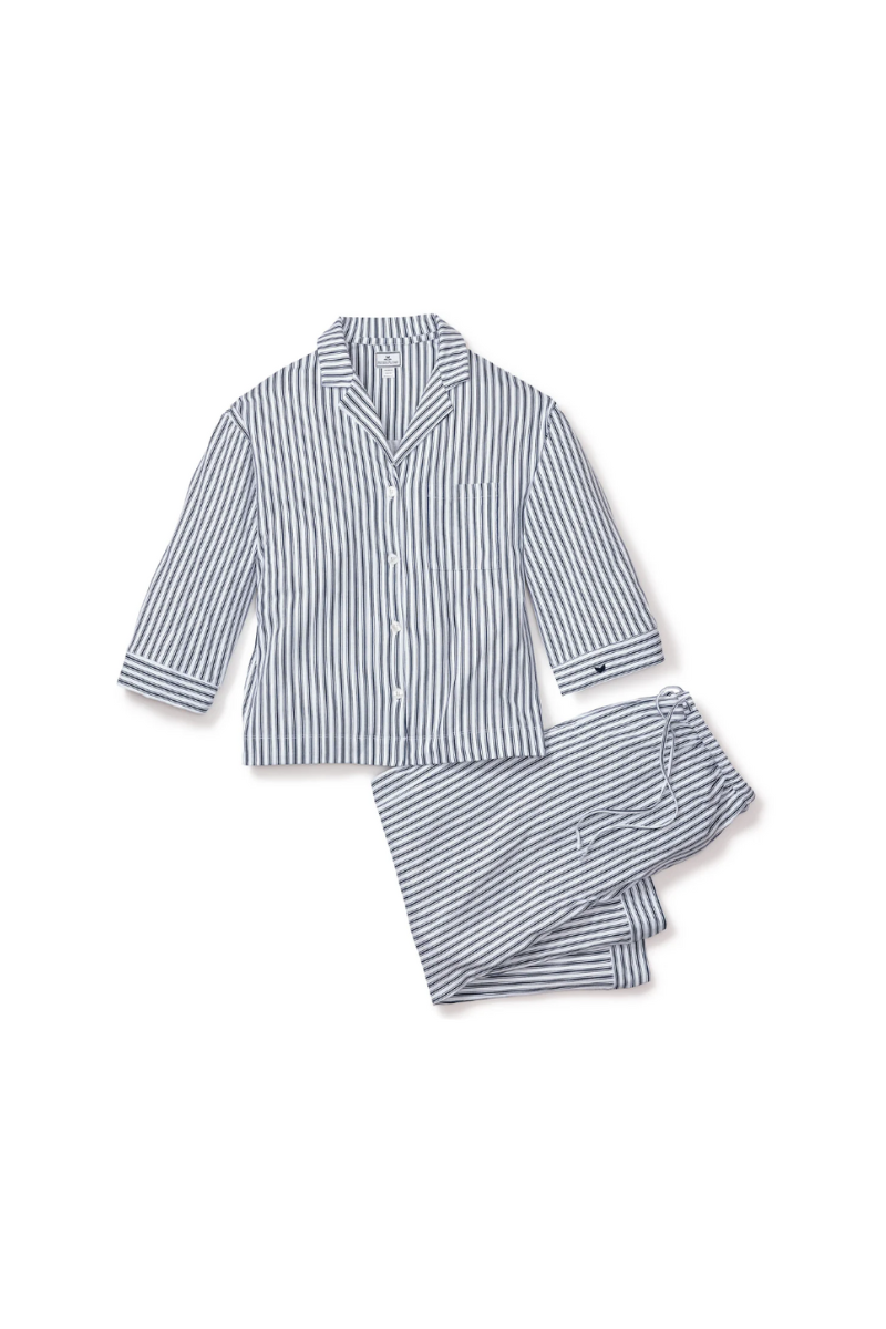 The Olivia Wide Leg Pima Pajama Set Navy Ticking