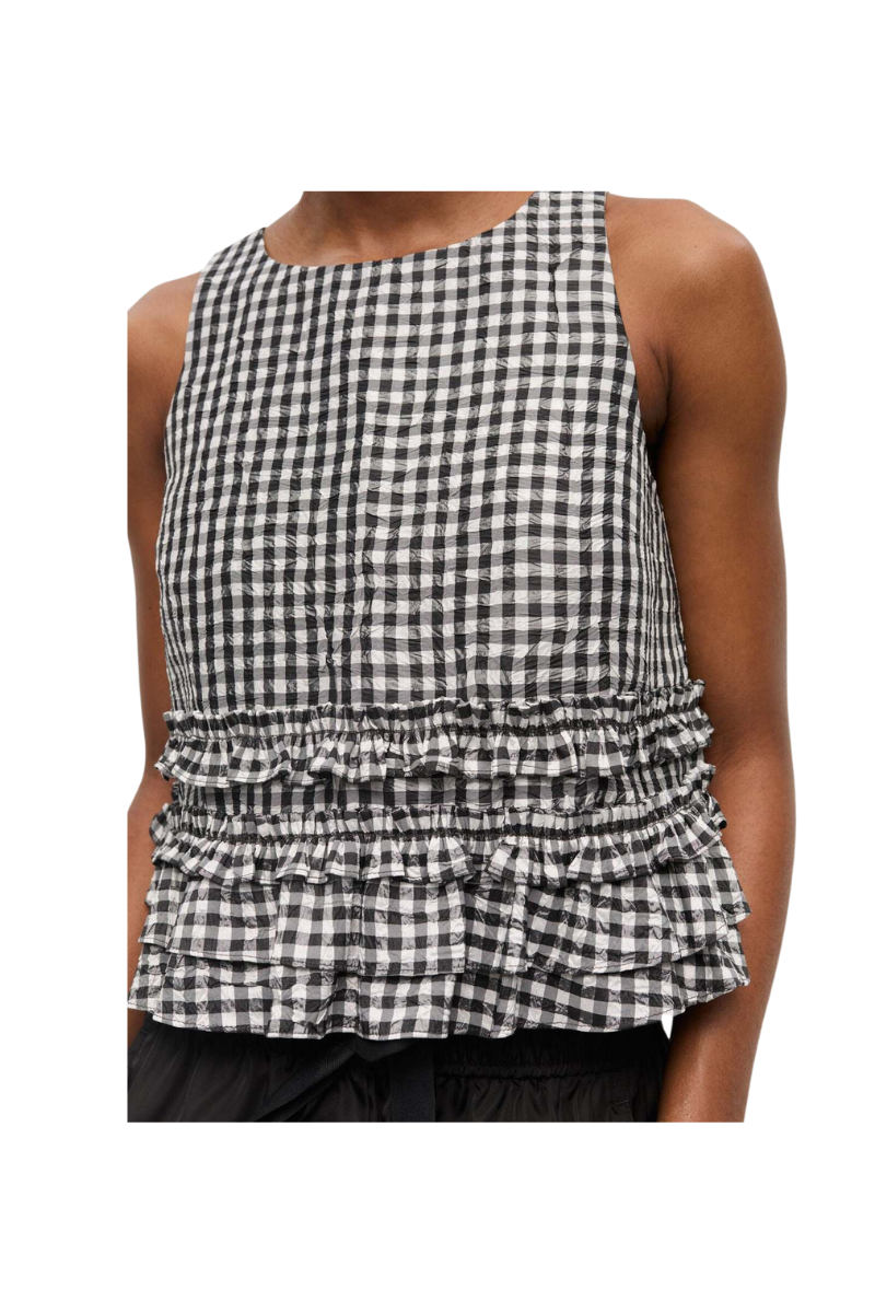 Crinkled Taffeta Check Open Back Frilled Top