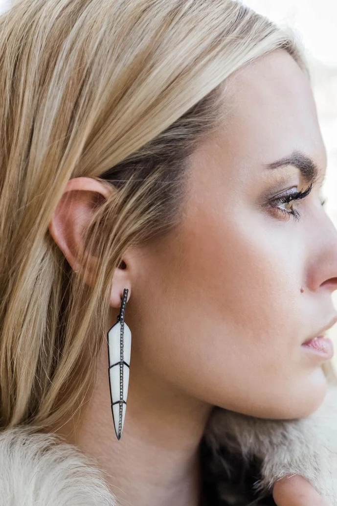 Large Pearl White Enamel Feather Earrings