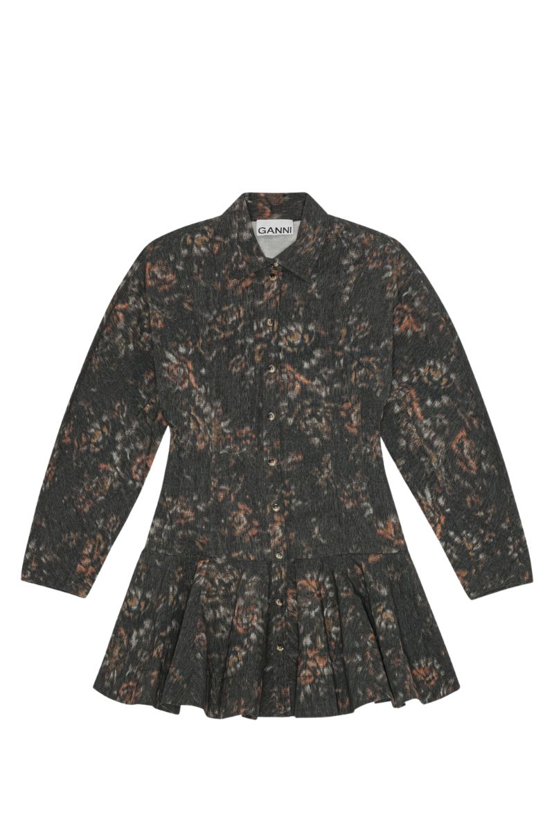 Printed Stretch Cotton Buttoned Mini Dress