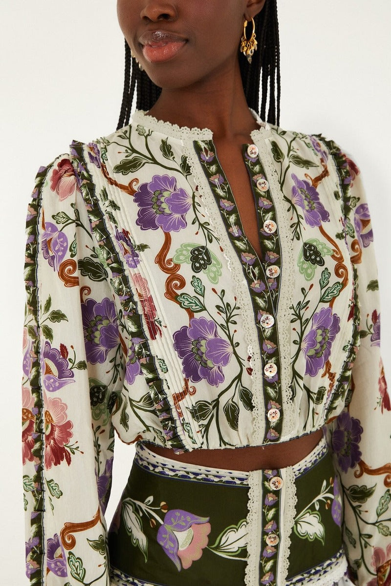 Rococo Flowers Cream Long Sleeve Blouse