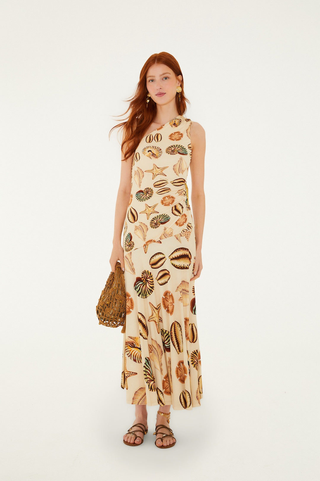 MARINE SHELLS SAND ONE SHOULDER MAXI DRESS
