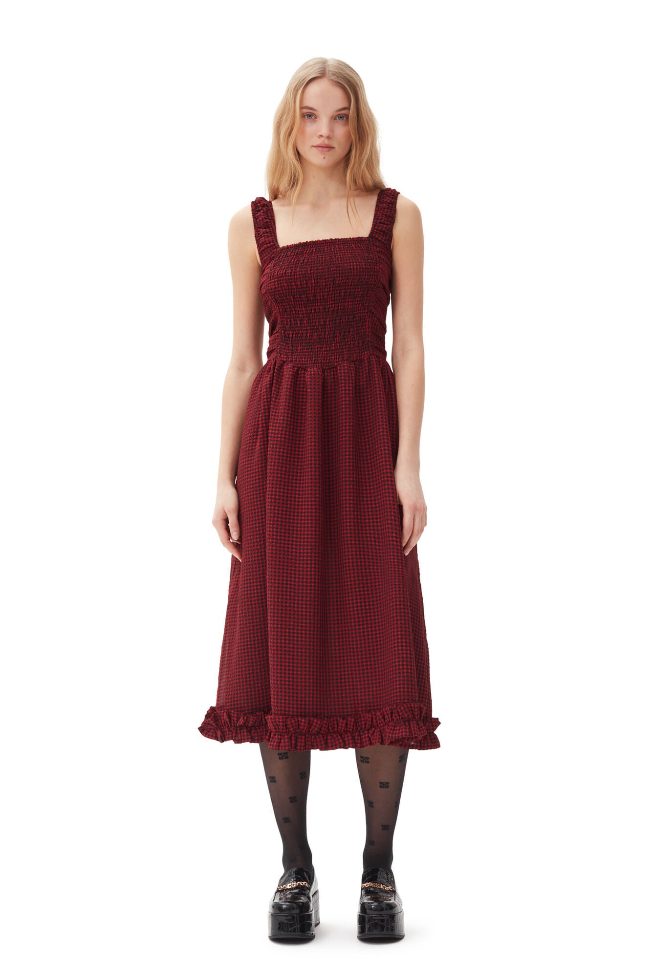 Sheer Fluid Check Midi Strap Smock Dress