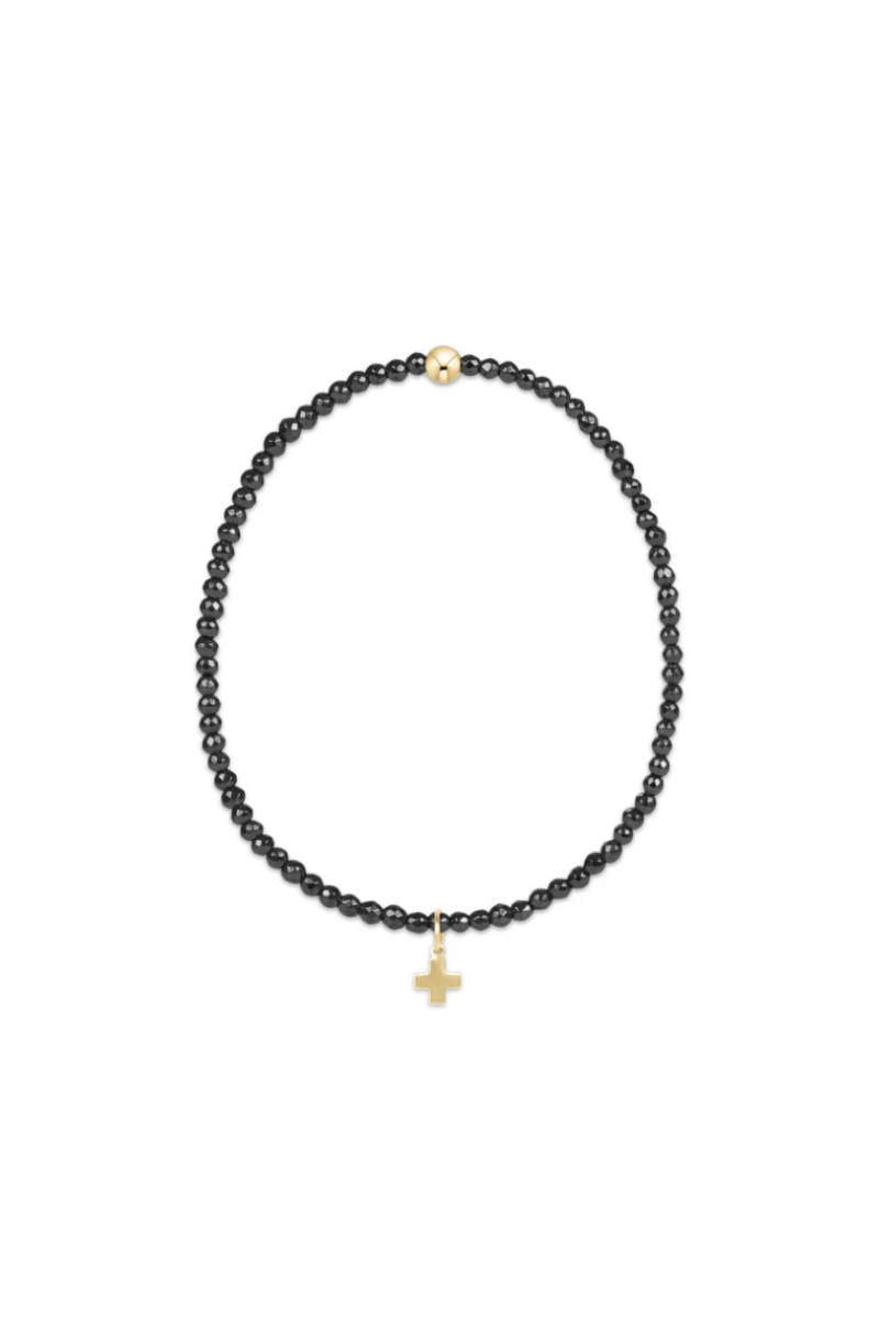 Faceted Hematite 2mm  Bead Bracelet - Signature Cross  Gold Charm