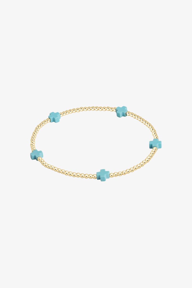 Signature Cross Small Gold Pattern 2mm Bead Bracelet - Turquoise