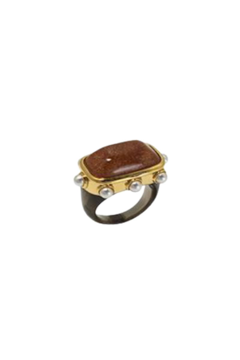 Gold Polished Deep Smokey Pearl Ring