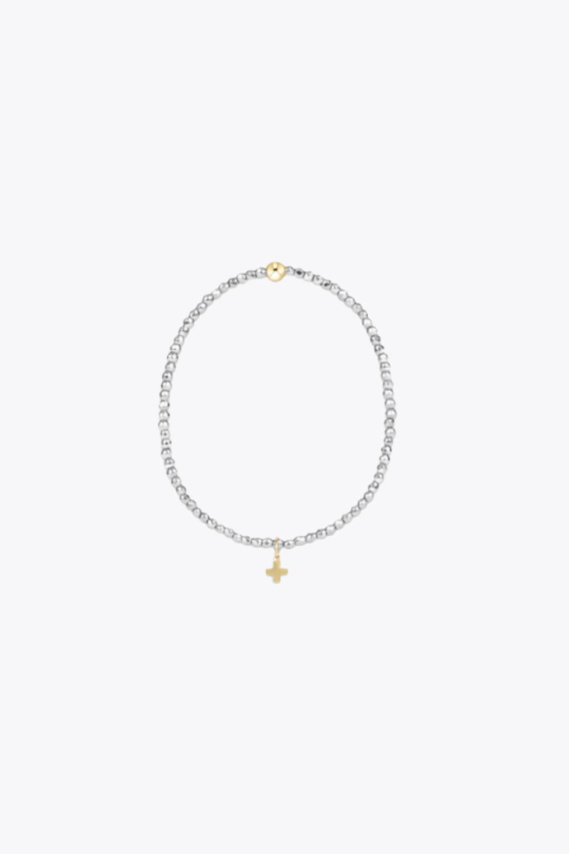 Silver Faceted Hematite 2mm  Bead Bracelet - Signature Cross  Gold Charm