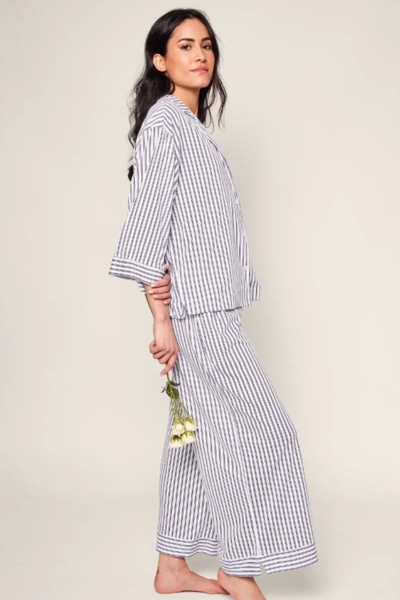 The Olivia Wide Leg Pima Pajama Set Navy Ticking