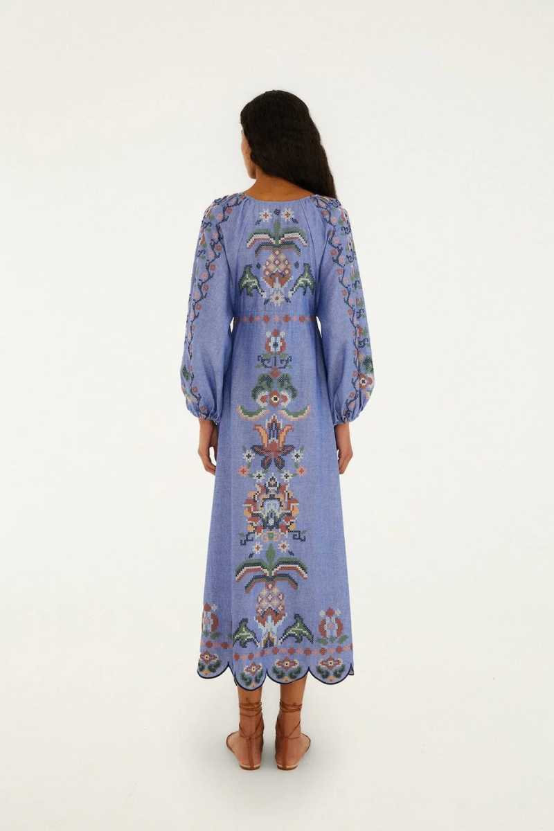 Garden Tapestry Blue Embroidery Long Sleeve Midi Dress