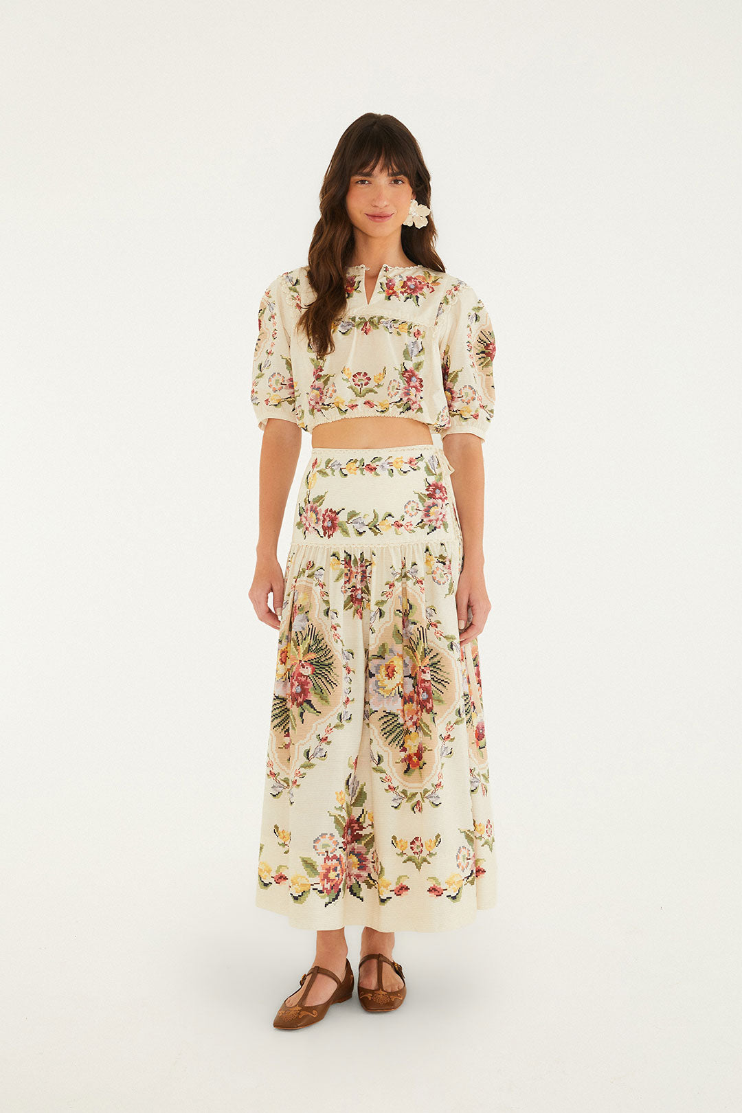 FLORAL MOSAIC TAPESTRY CREAM MAXI WRAP SKIRT